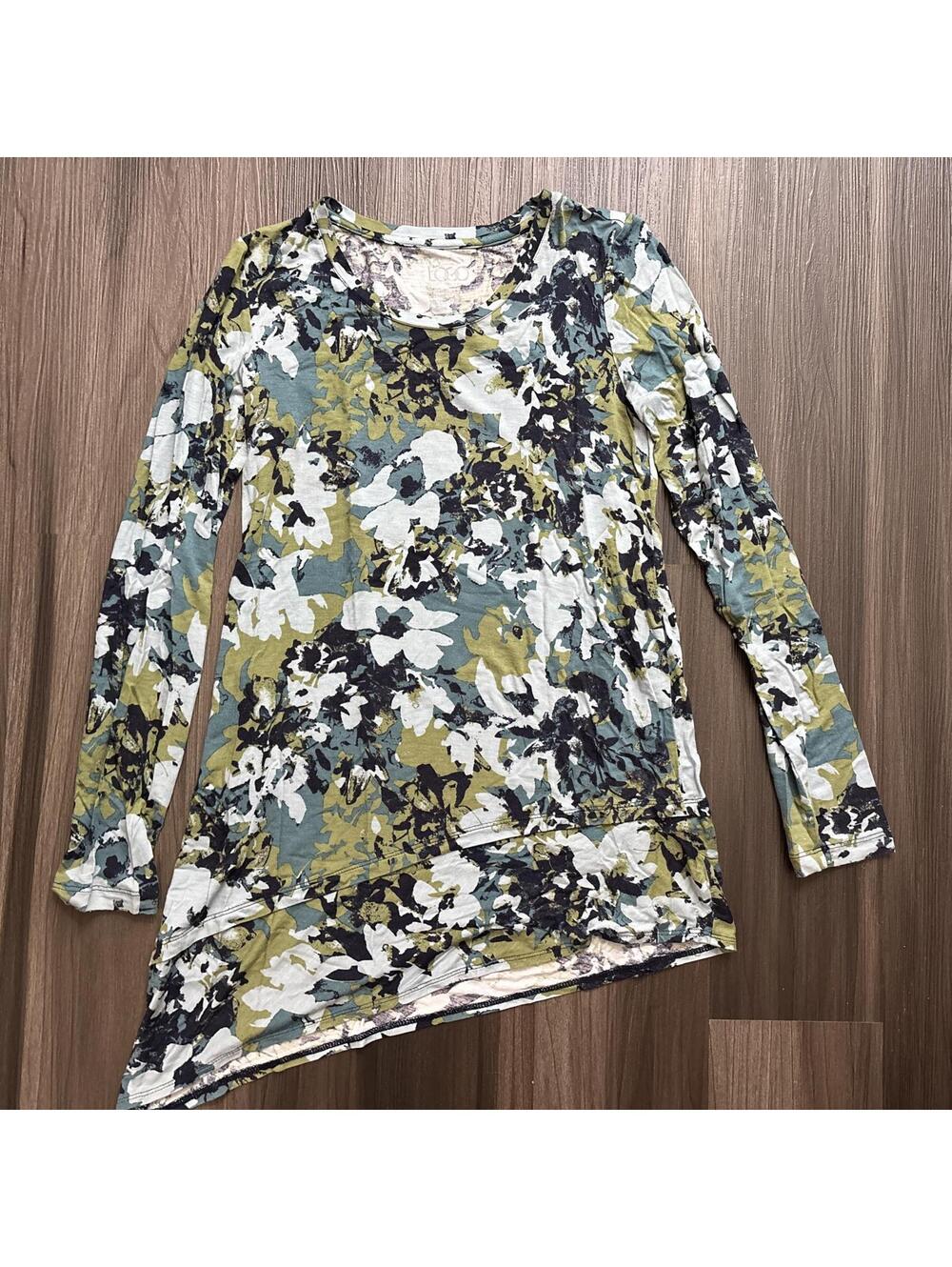 LOGO Floral Tunic Top Size XXS Asymmetrical Hem Green Blue Long Sleeve